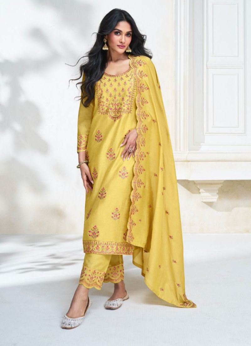 Embroidered Premium Silk Suit in Yellow