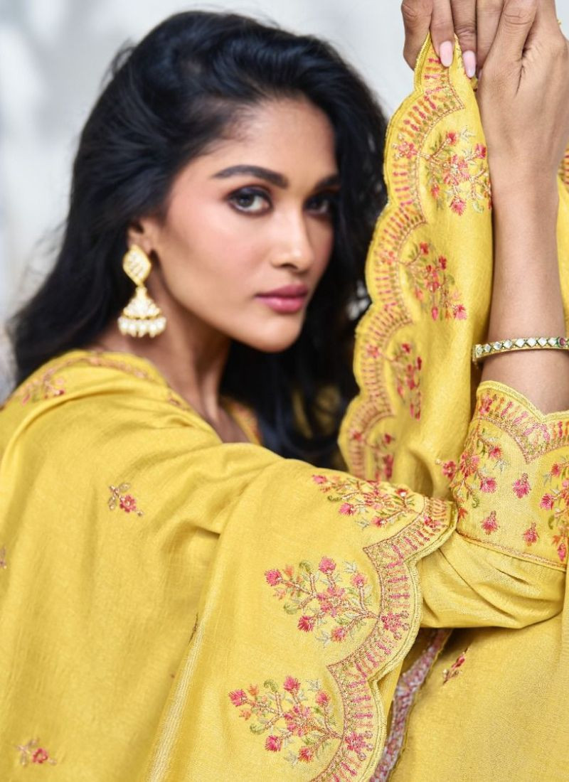 Embroidered Premium Silk Suit in Yellow