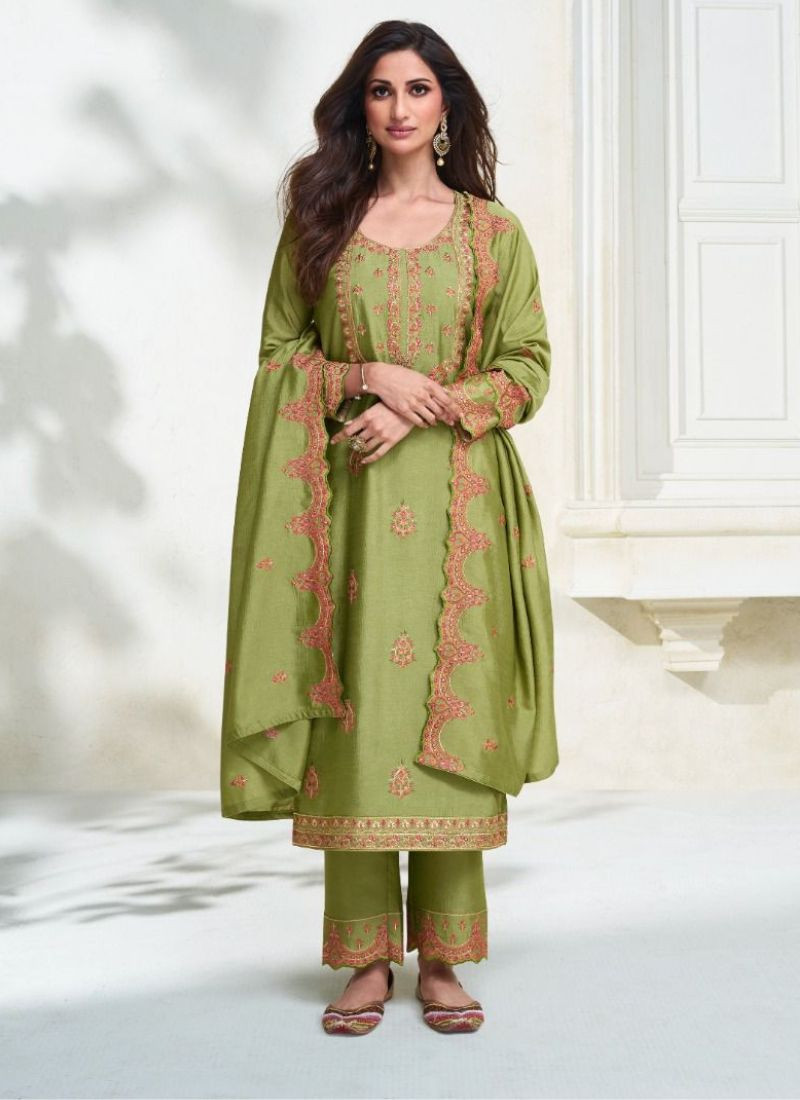 Embroidered Premium Silk Suit in Olive Green