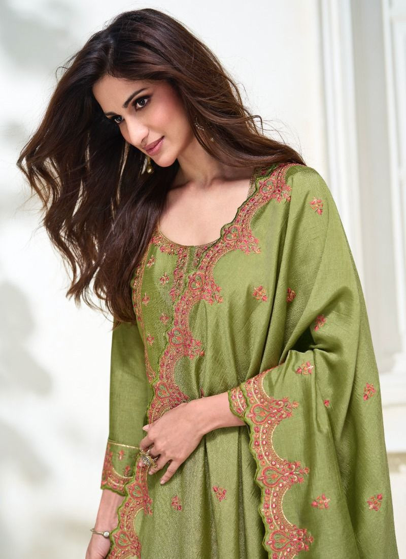 Embroidered Premium Silk Suit in Olive Green