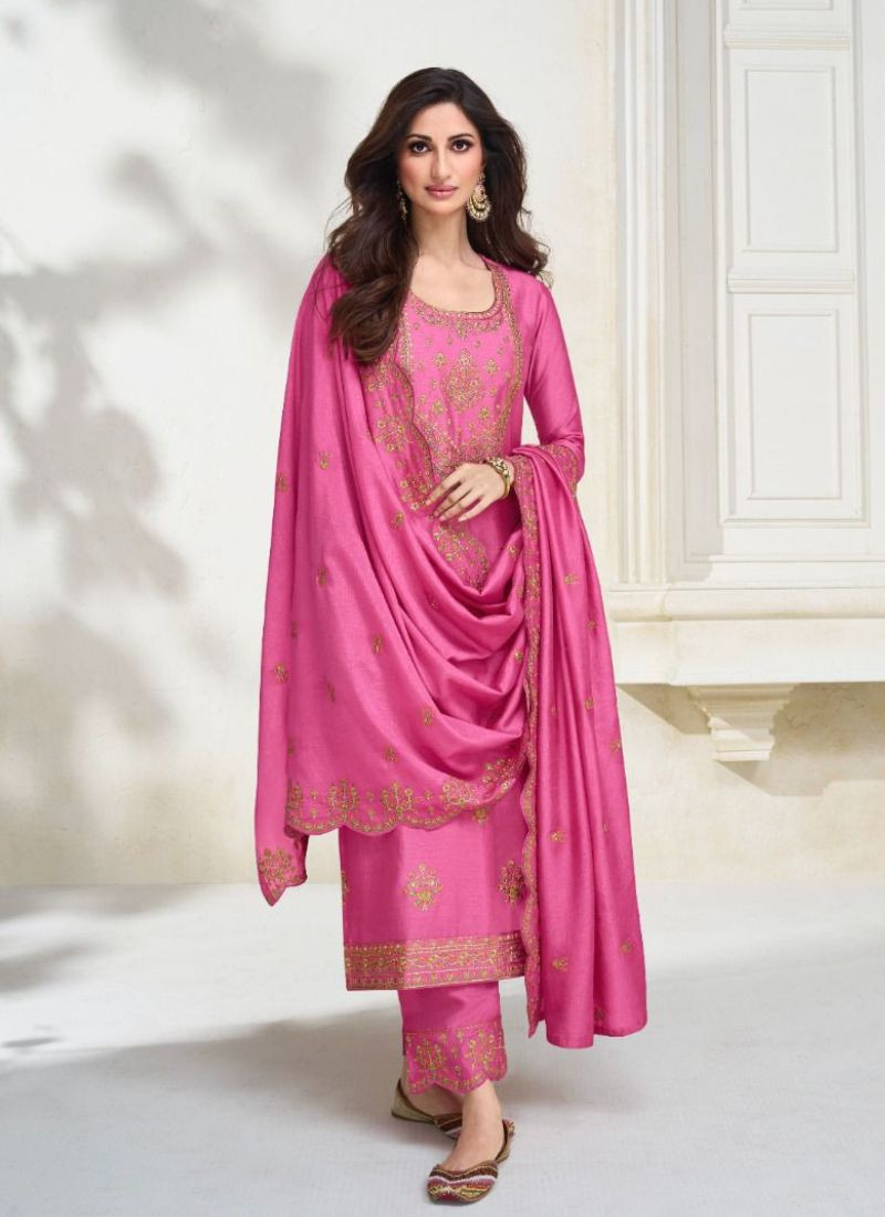 Embroidered Premium Silk Suit in Pink