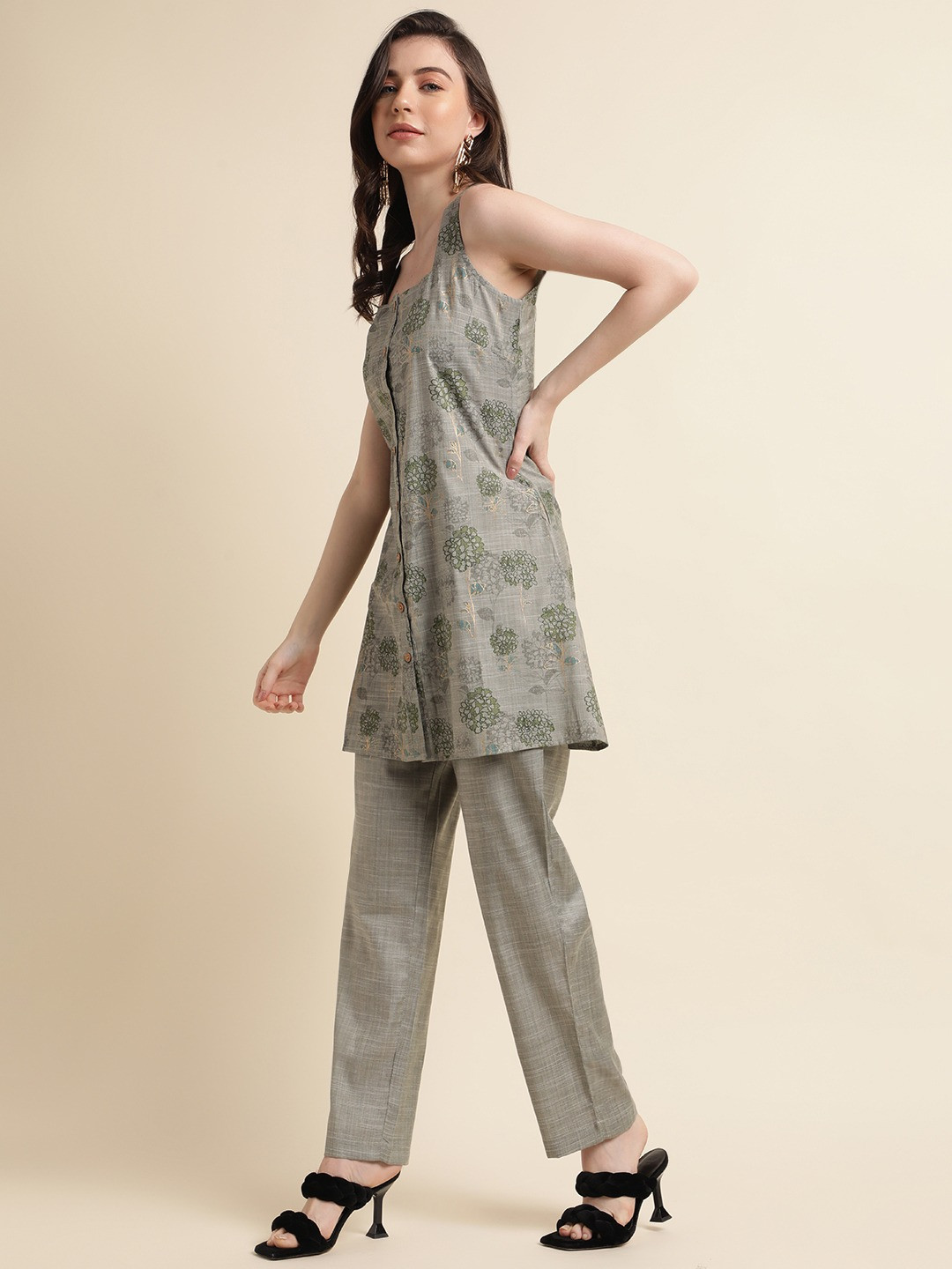 Printed Cotton Kurta With Pant in Grey
