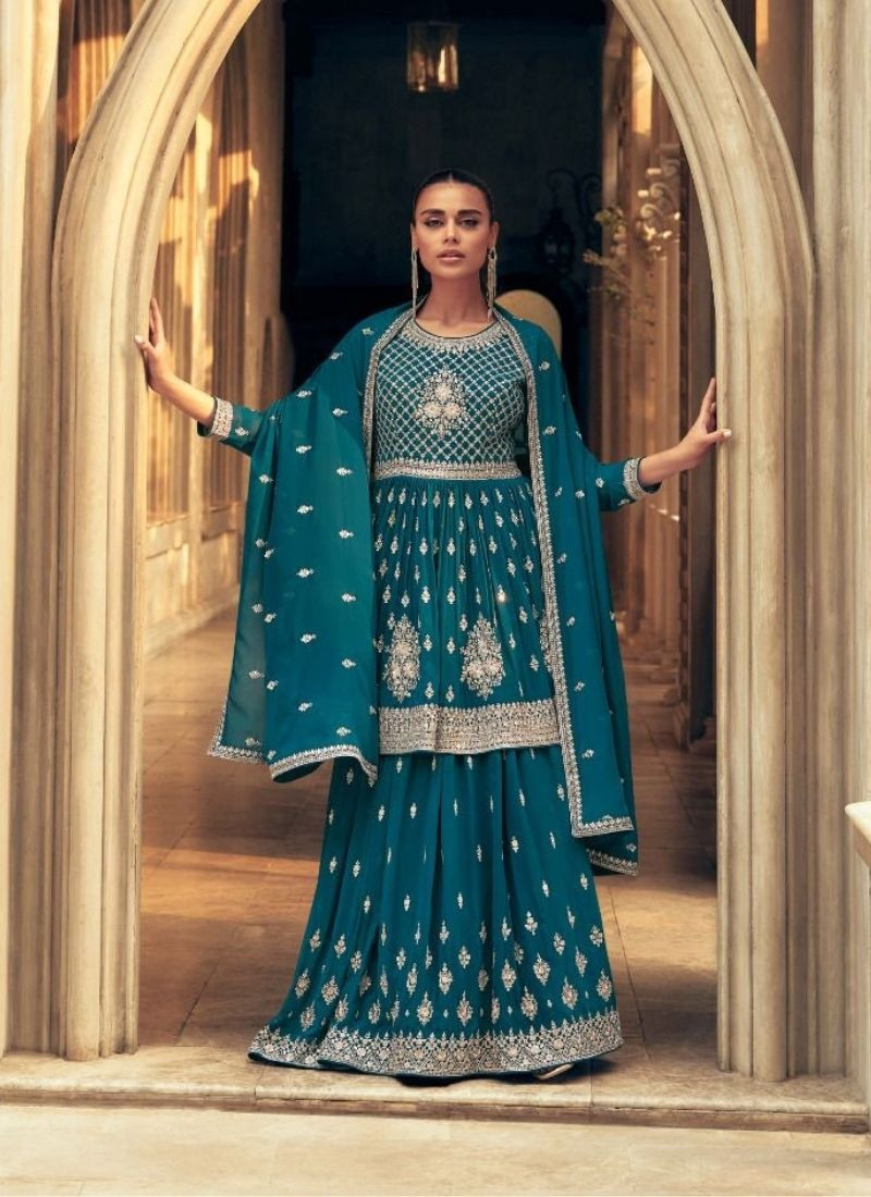 Embrodered Georgette Kurta-Skirt With Dupatta in Teal Blue