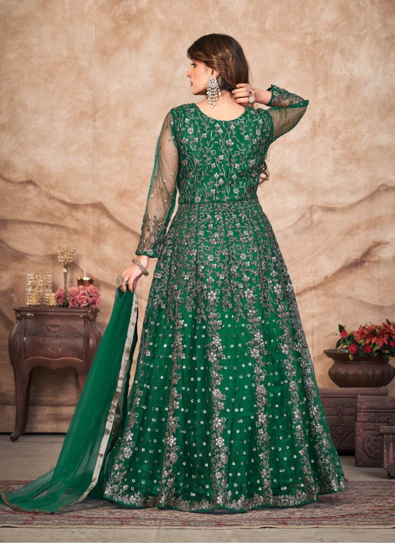 Net Gown With Dupatta in Green