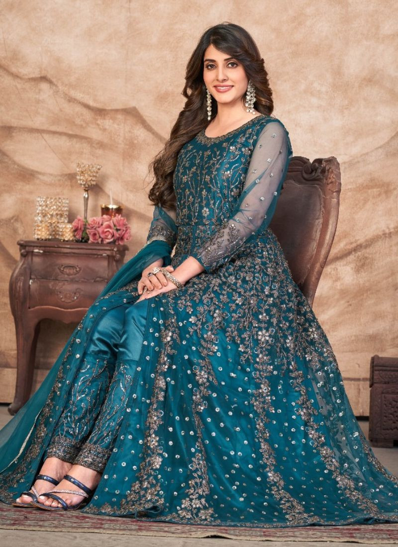 Net Gown With Dupatta in Teal Blue