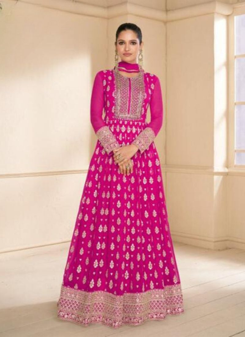 Embroidered Georgette Gown in Magenta