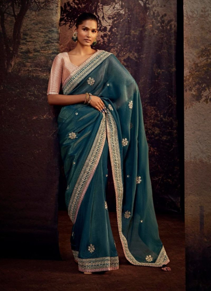 Embroidered Patry Wear Saree in Teal Green