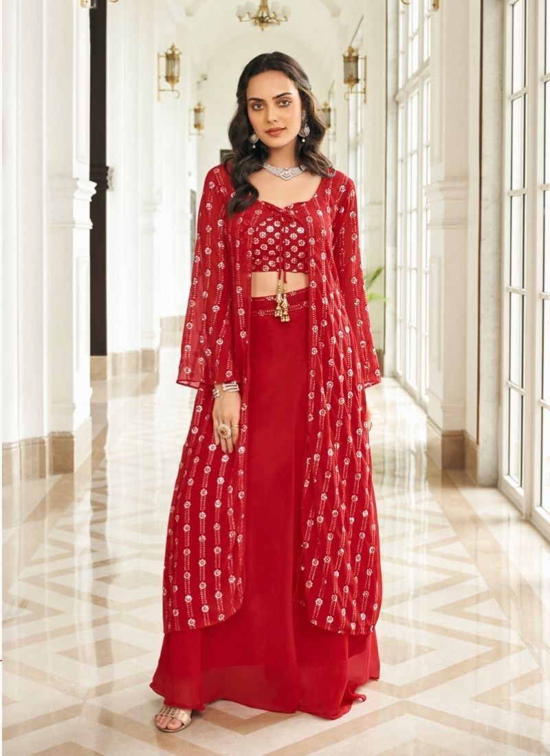 Pure Fox Georgette Suit Set in Red