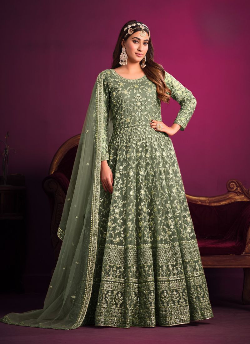 Embroidered Net Gown in Olive Green