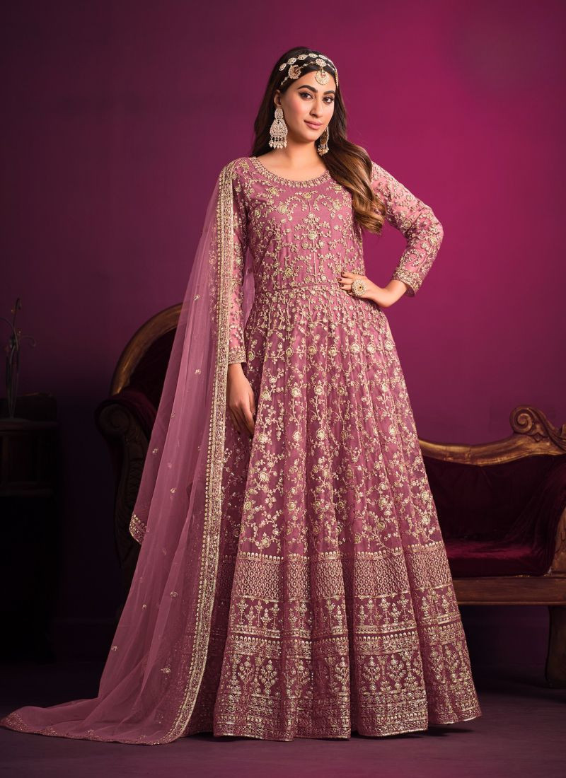 Embroidered Net Gown in Pink