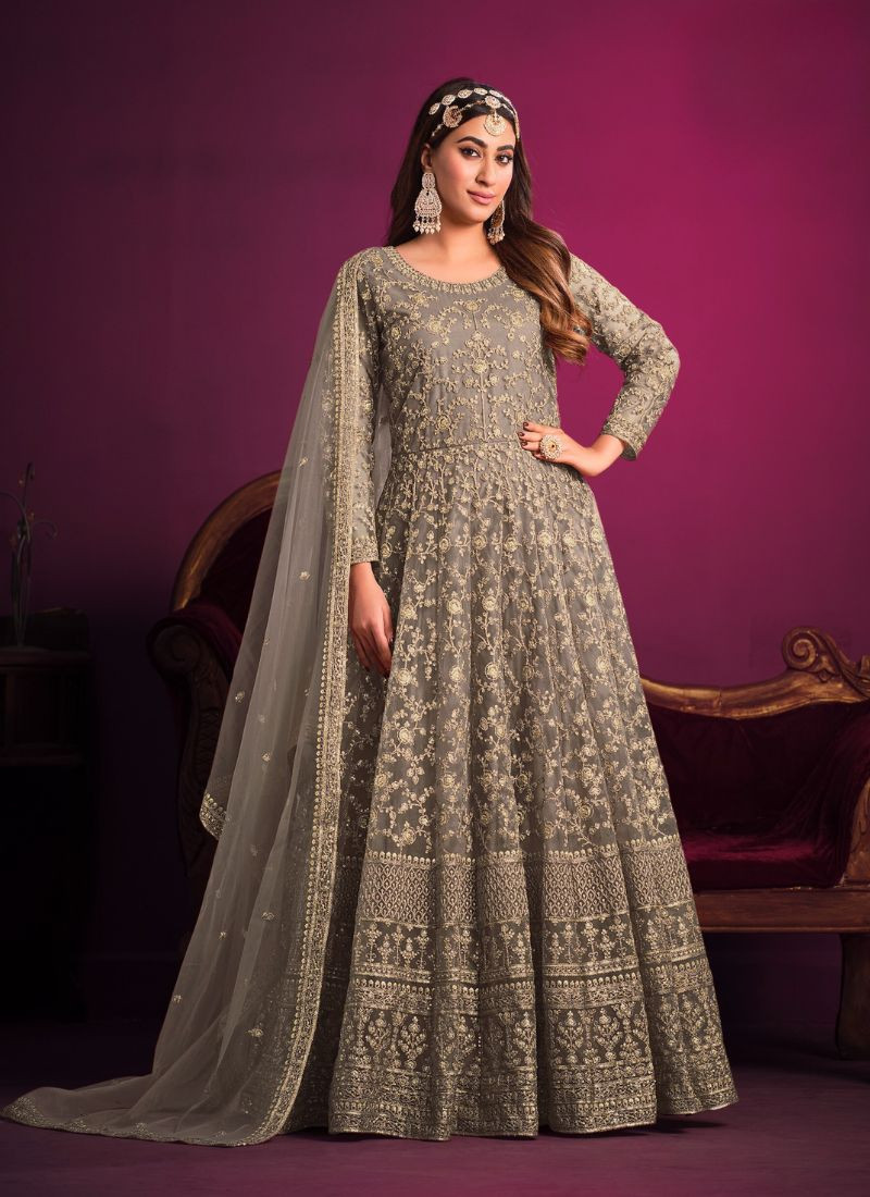 Embroidered Net Gown in Light Grey