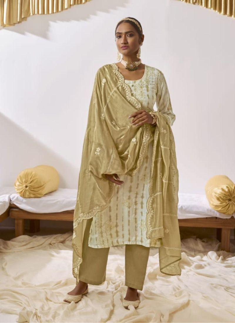 Embroidered Muslin Silk Suit in Cream