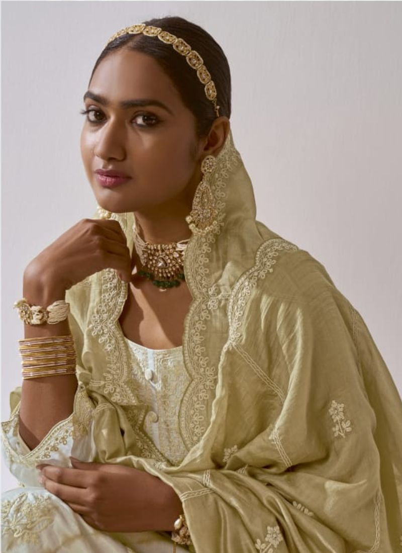 Embroidered Muslin Silk Suit in Cream