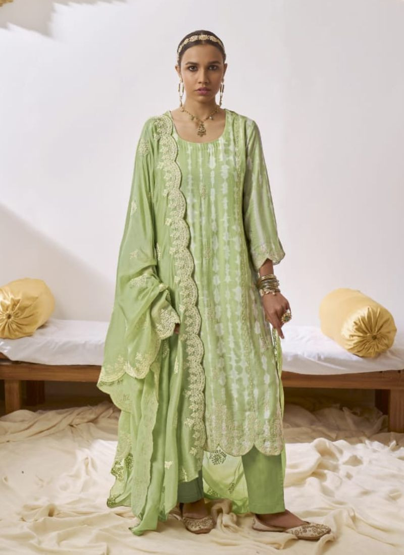 Embroidered Muslin Silk Suit in Green