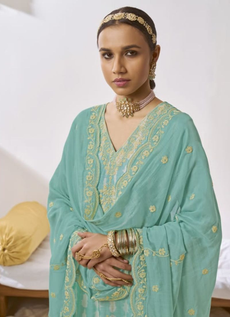 Embroidered Muslin Silk Suit in Sky Blue