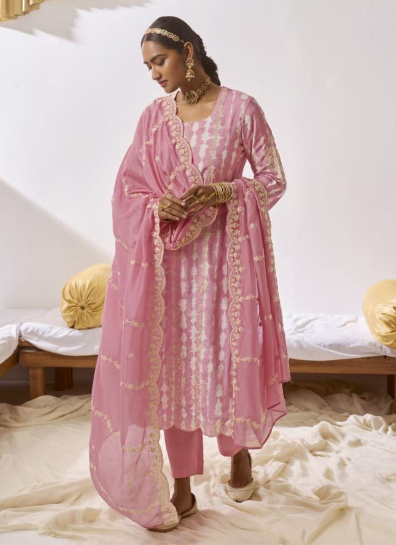 Embroidered Muslin Silk Suit in Pink