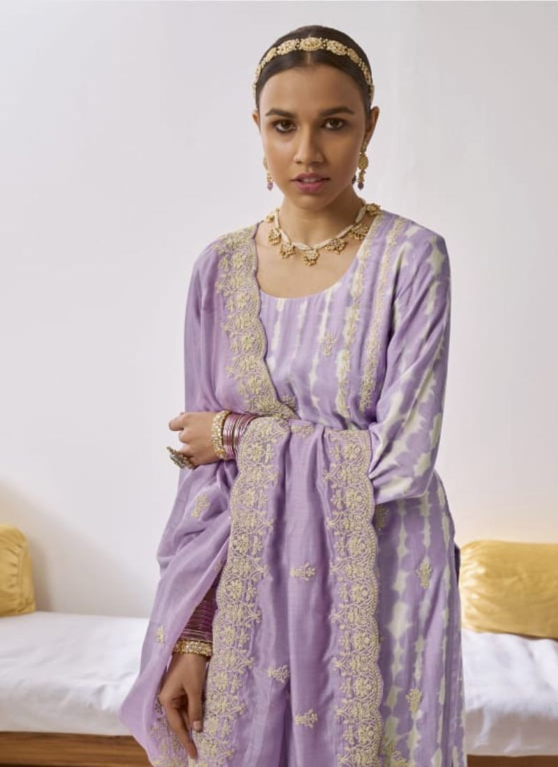 Embroidered Muslin Silk Suit in Lavender