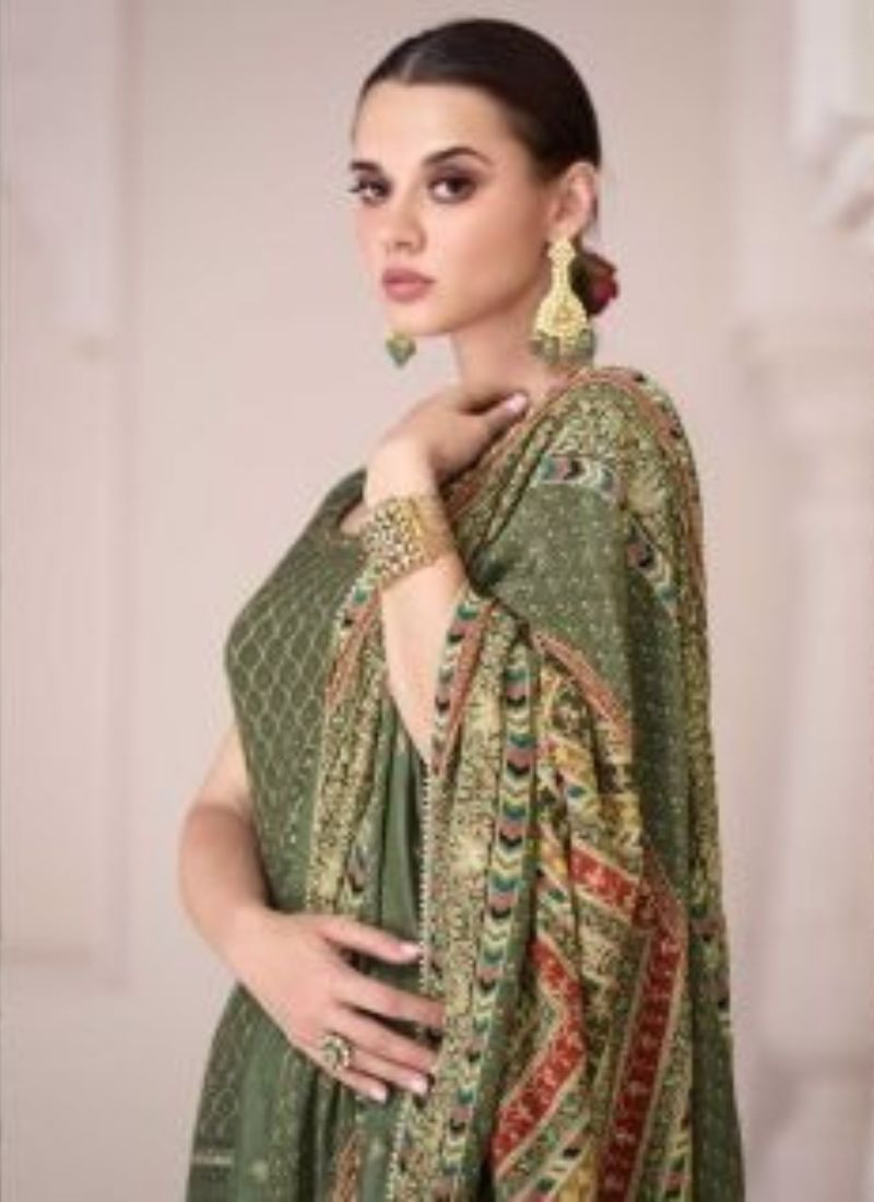 Premium Silk Sharara Set in Olive Green