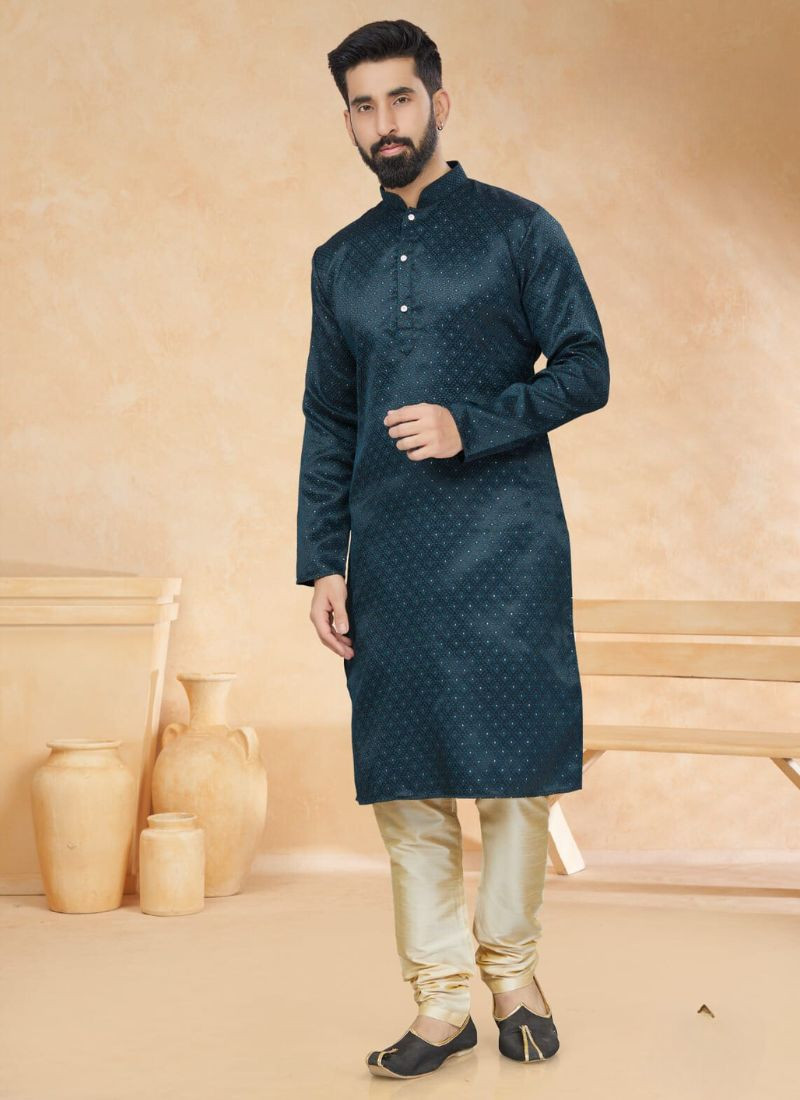 Jacquard Silk With Sequence Work Kurta Set in Teal Green