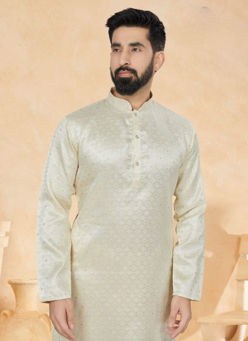 Jacquard Silk With Sequence Work Kurta Set in White