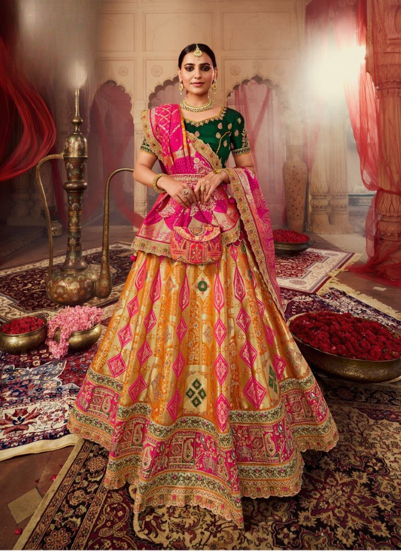 Banarasi Silk Lehenga in Yellow Pink