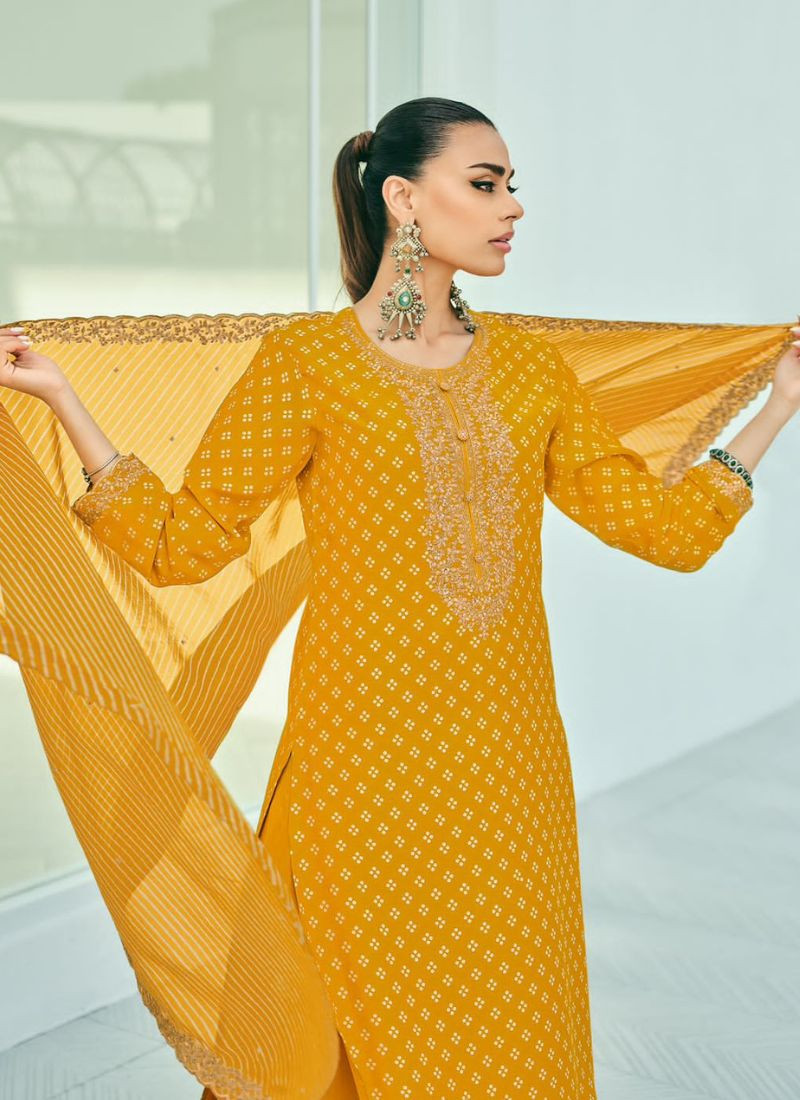 Bandhani Printed Suit in Mustard Yellow