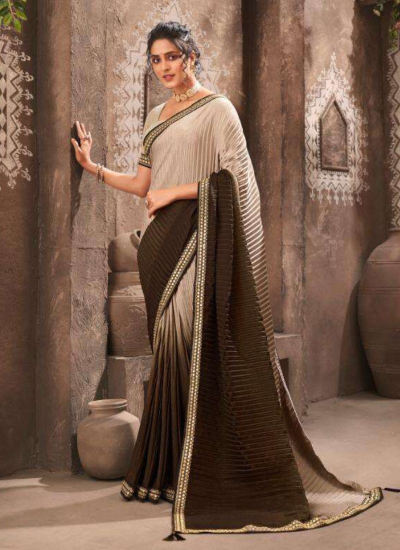 Chinon Sequence Work Saree in Coral Black
