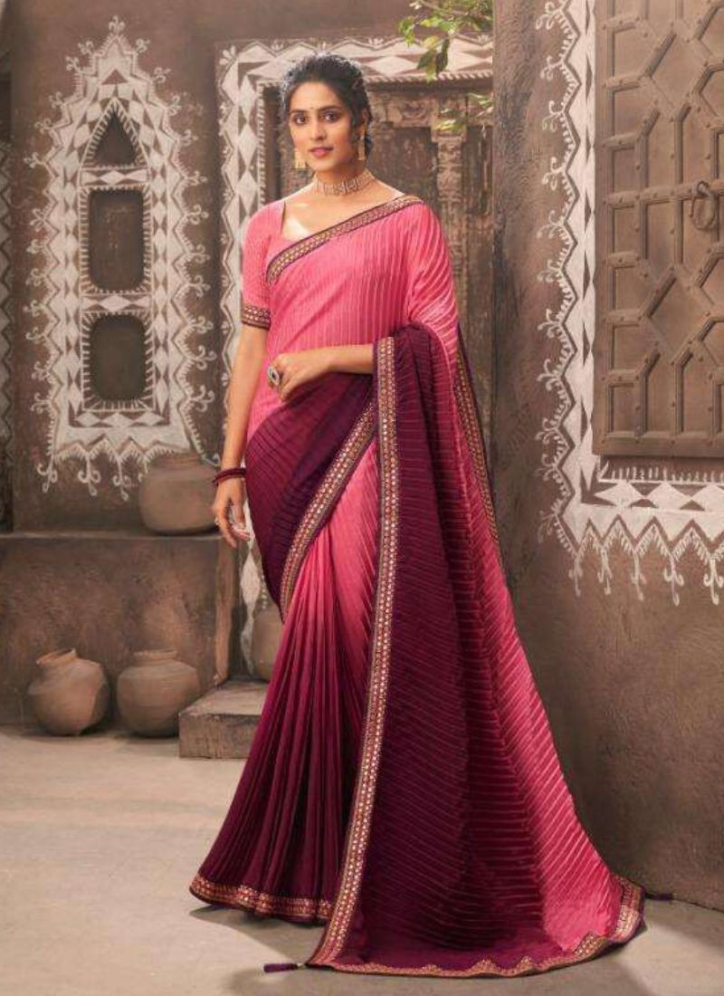 Chinon Sequence Work Saree in Pink