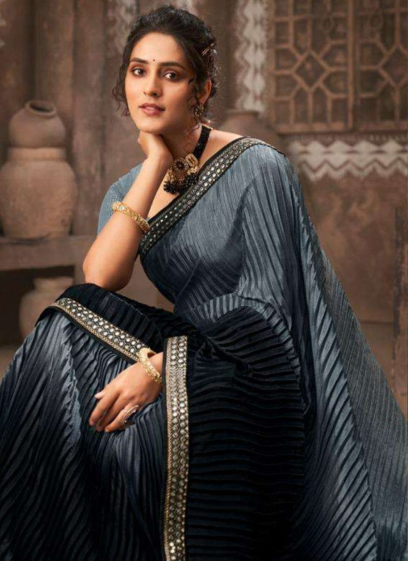 Chinon Sequence Work Saree in Grey