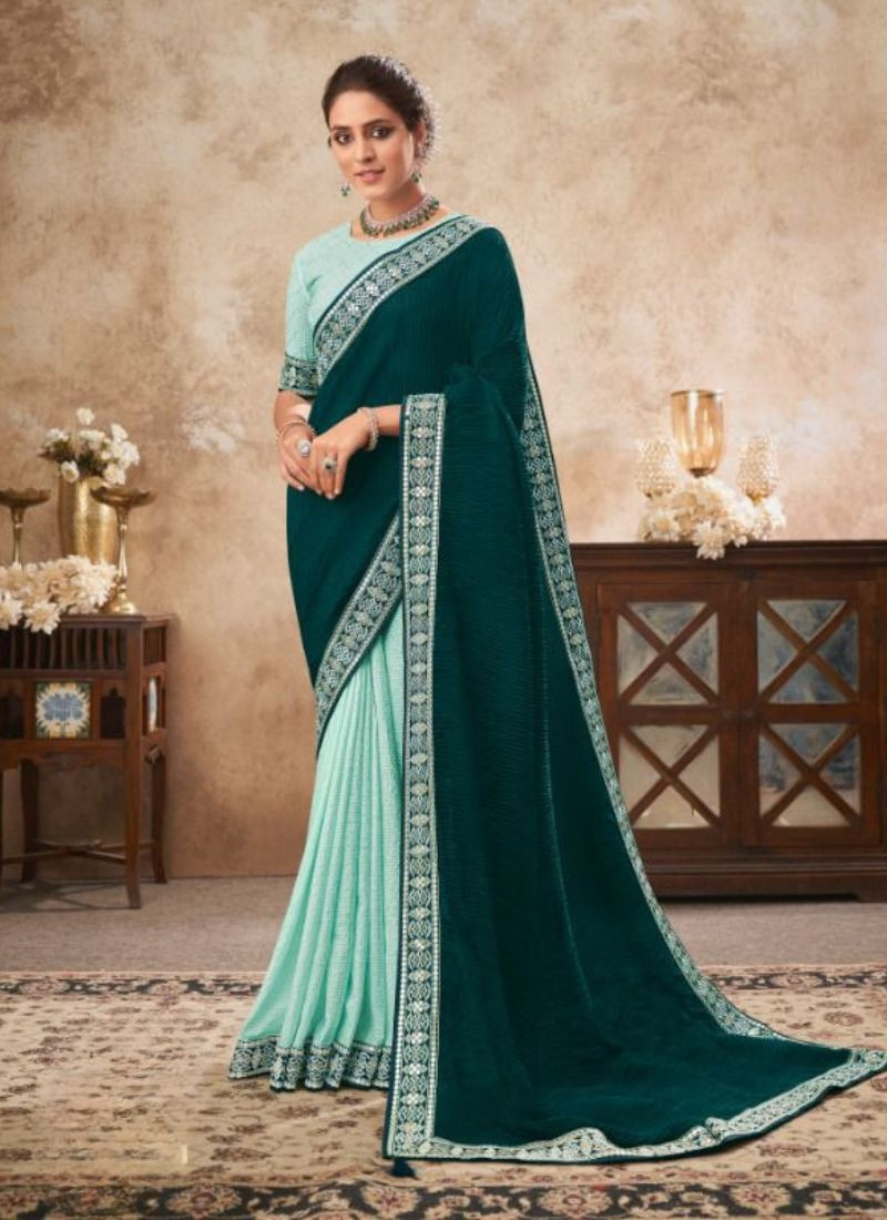 Chinon Sequence Work Saree in Teal Green