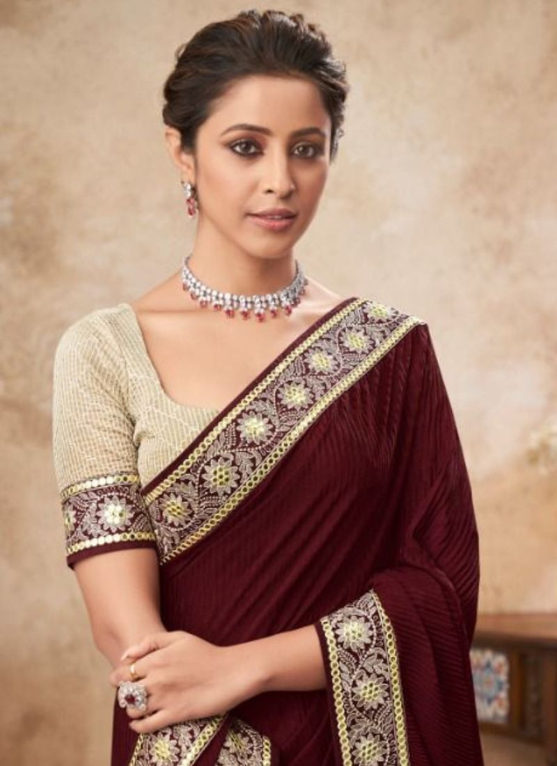 Chinon Sequence Work Saree in Maroon