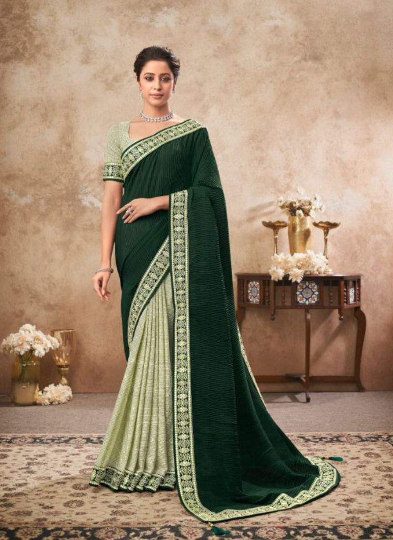 Chinon Sequence Work Saree in Green
