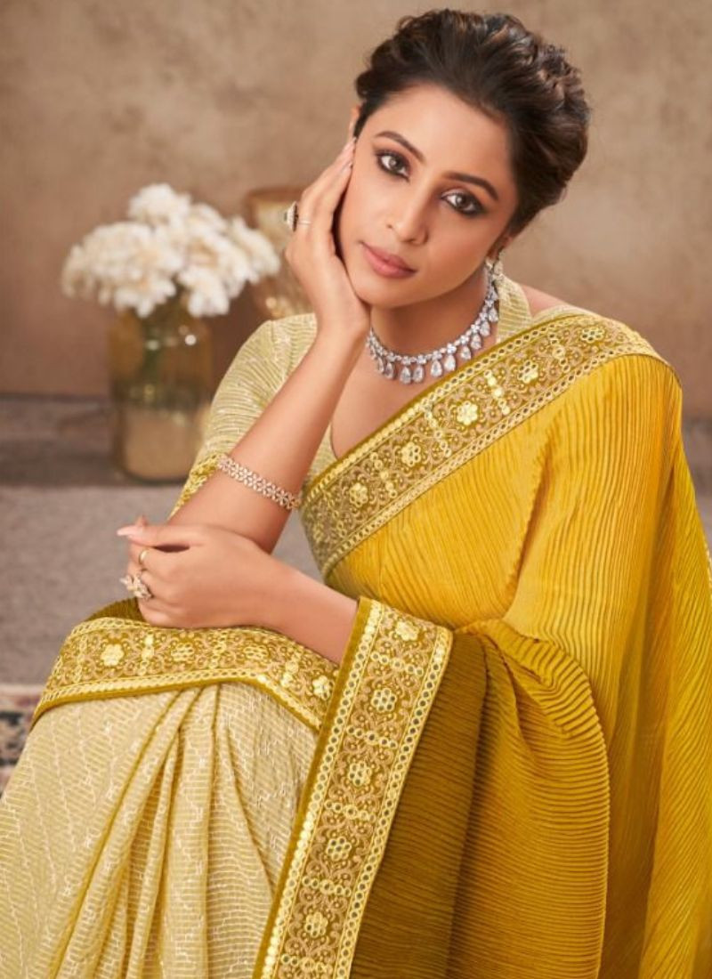 Chinon Sequence Work Saree in Yellow