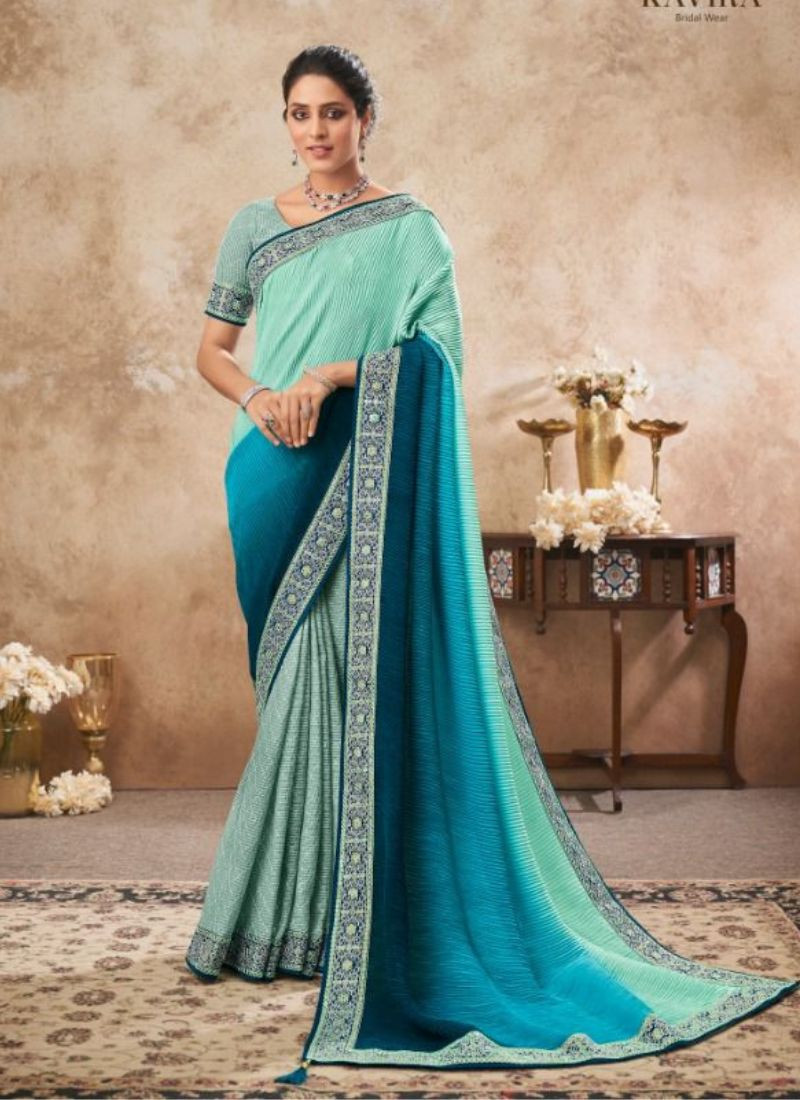 Chinon Sequence Work Saree in Sky Blue