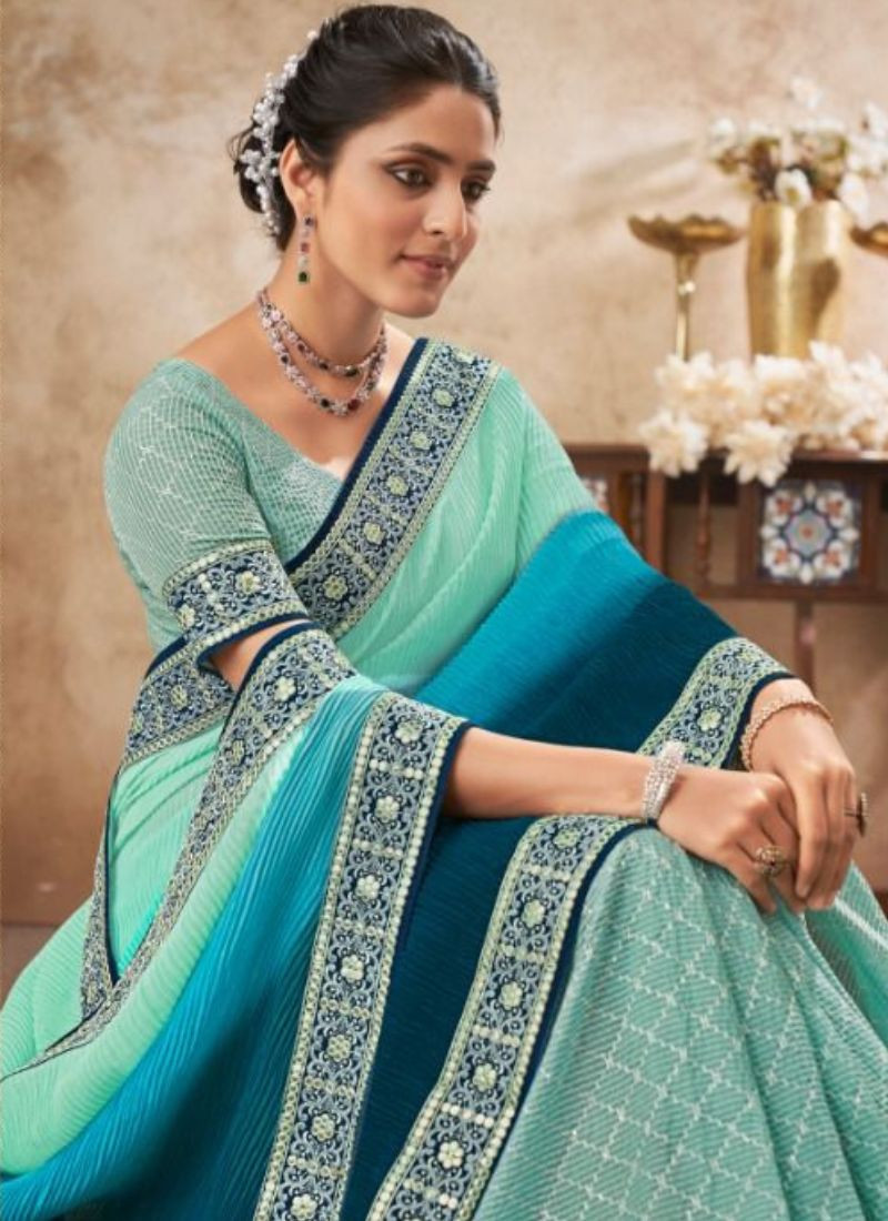 Chinon Sequence Work Saree in Sky Blue