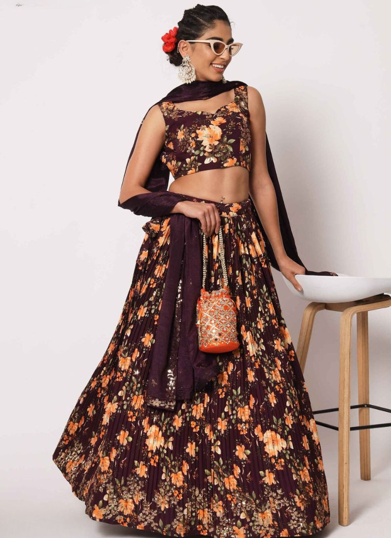 Sequin Embroidery Work Lehenga in Brown