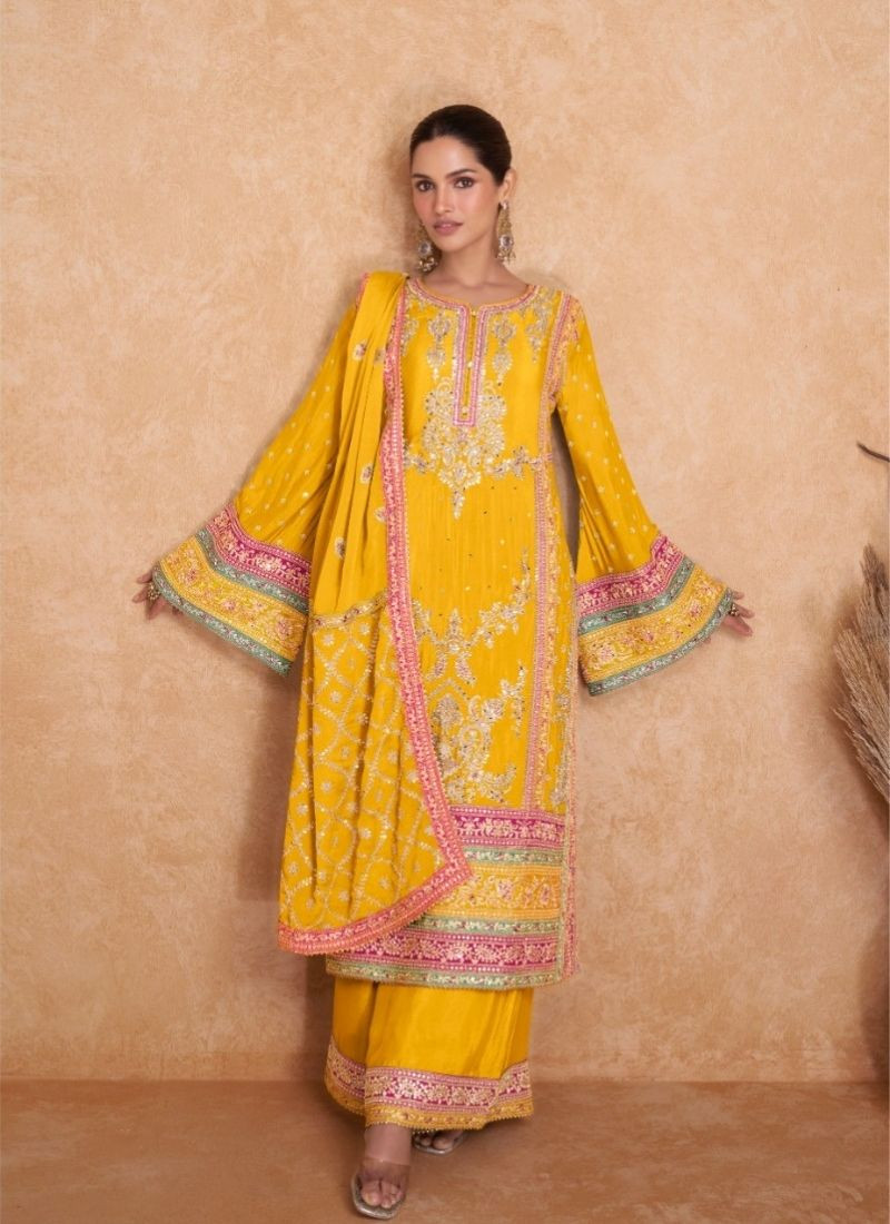 Embroidered Chinon Suit Set in Yellow