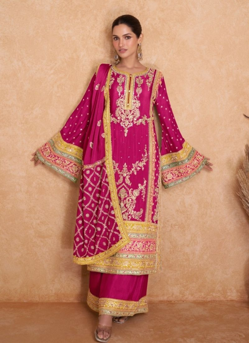 Embroidered Chinon Suit Set in Pink