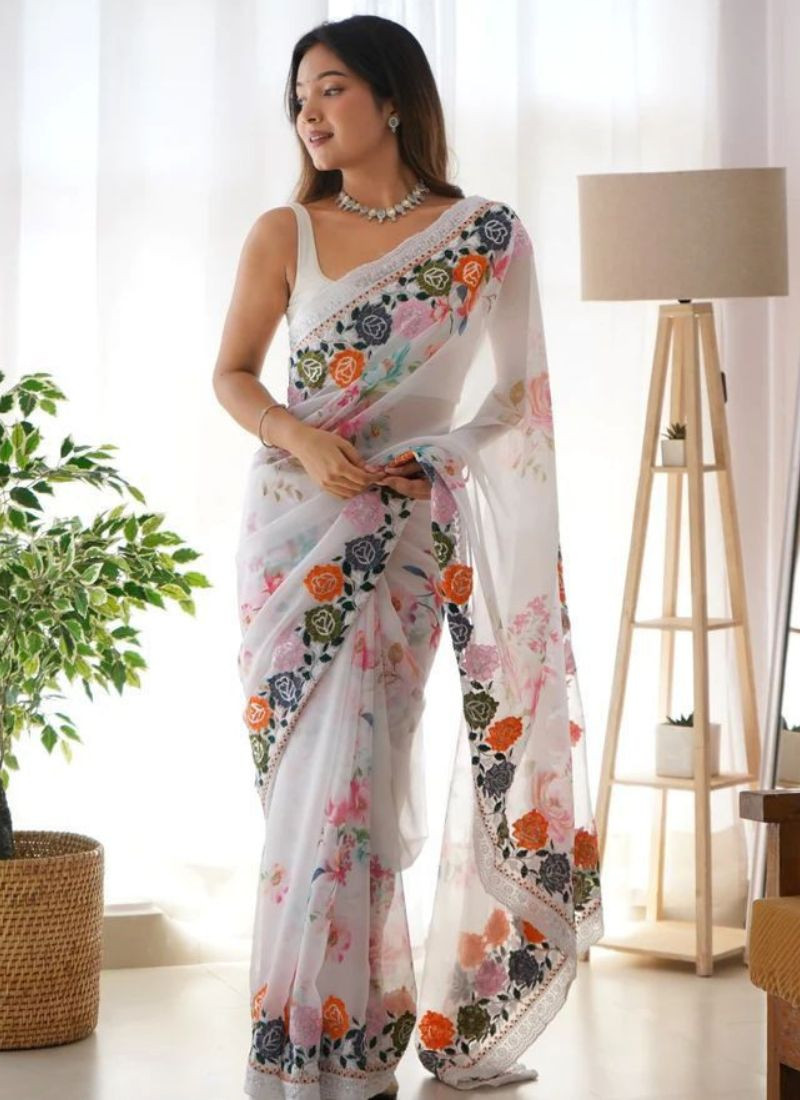Embroidered Sequence Digital Print Saree in White