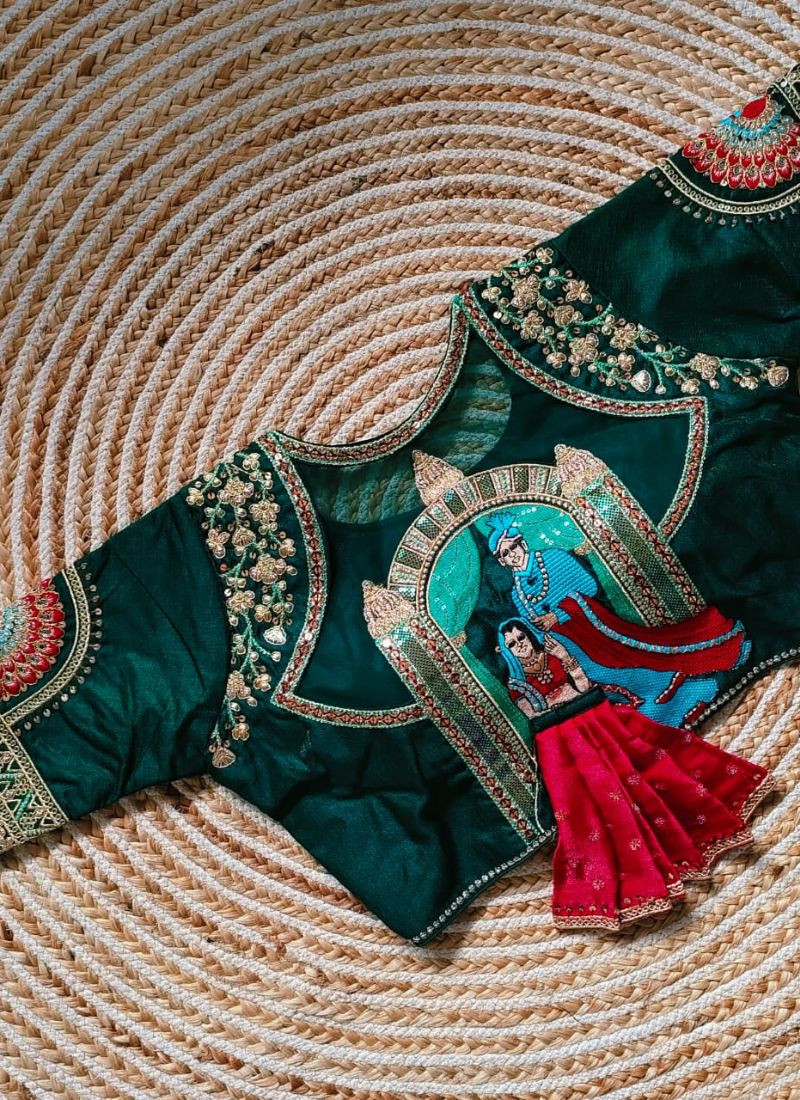 Heavy Embroidery Bridal Blouse in Dark Green