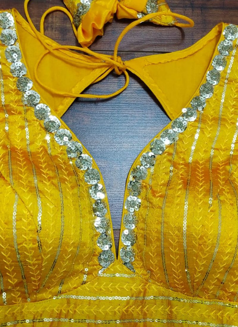 P Silk embroidery sequence Blouse in Yellow