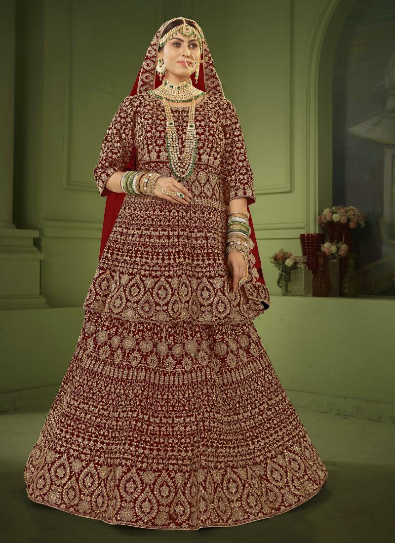 Embroidered Velvet Bridal Lehenga In Red