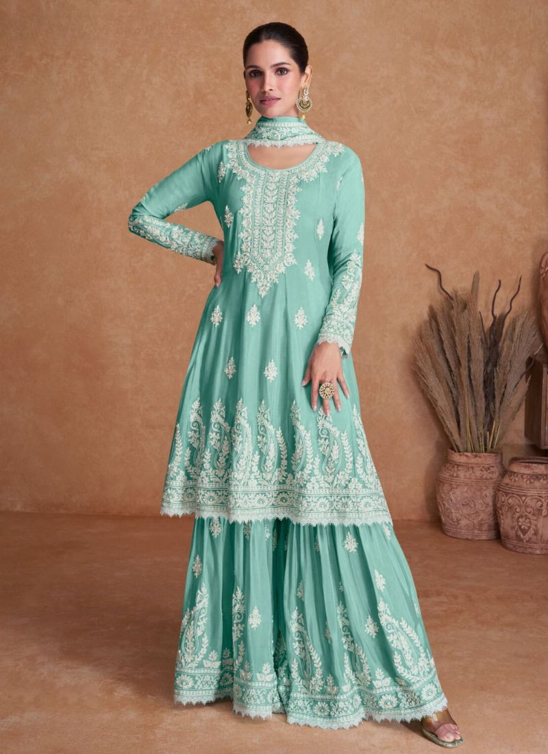 Embroidered Real Chinon Straight Suit Set in Sky Blue