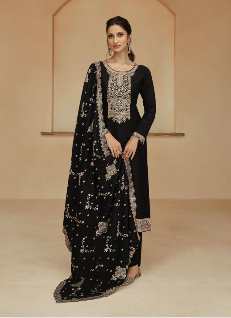 Myntra Silk Suit Set in Black