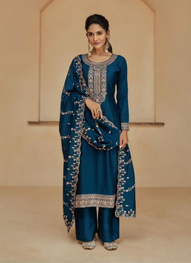 Myntra Silk Suit Set in Teal Blue