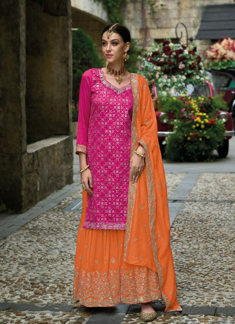 Embroidery Premium Silk Sharara Set in Dark Pink