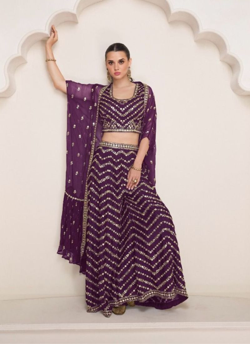 Georgette Crop Top With Palazzo Set in Purple