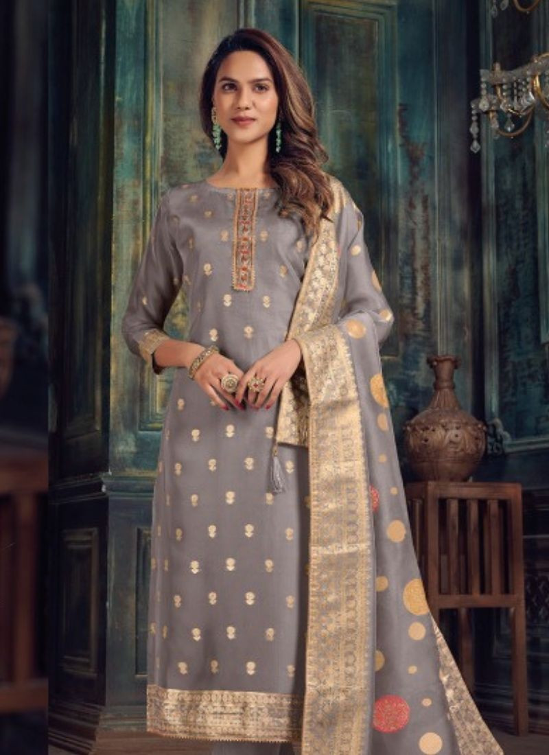 Banglori Woven Silk Suit Set in Grey
