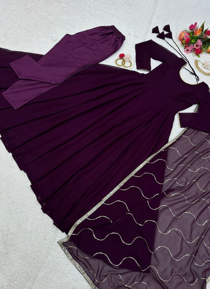 Faux Georgette Suit Set in Dark Purple