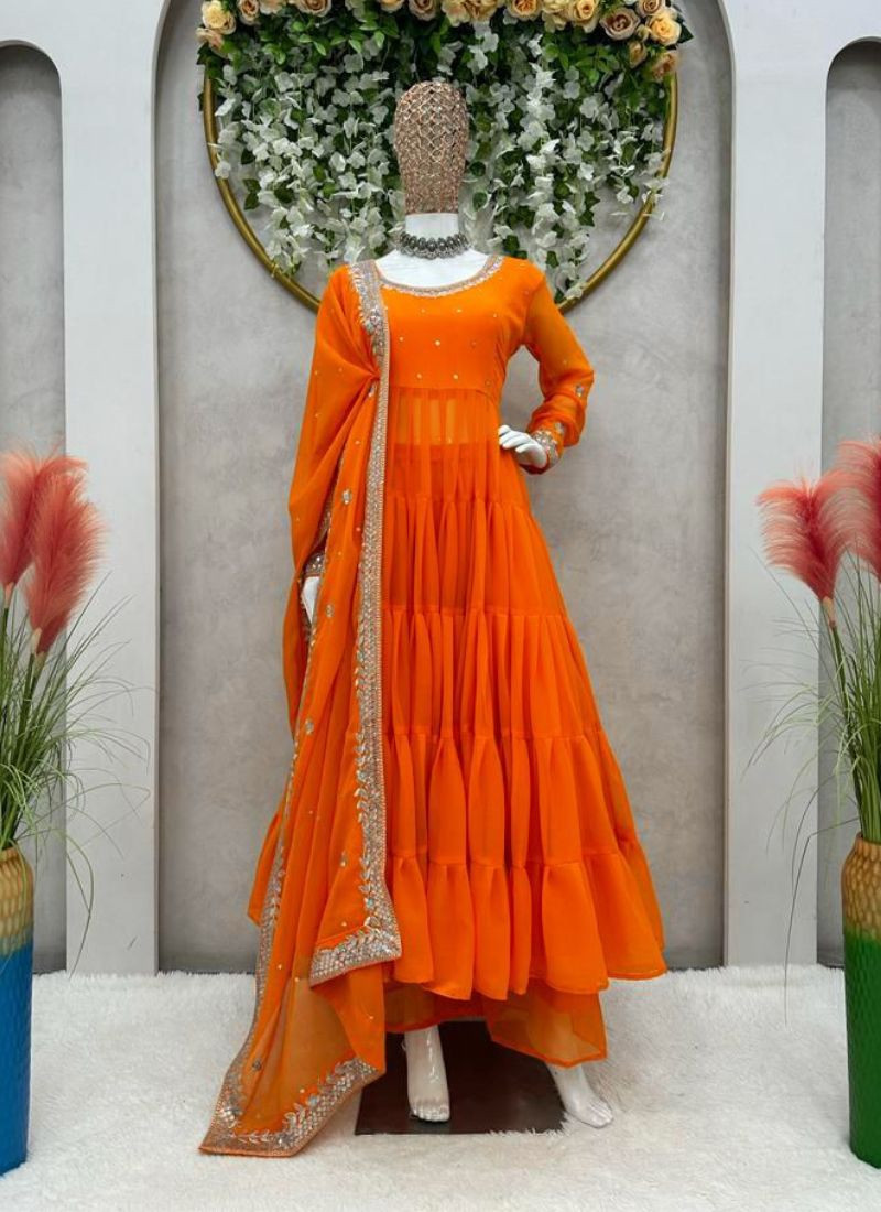 Faux Georgette Suit Set in Orange